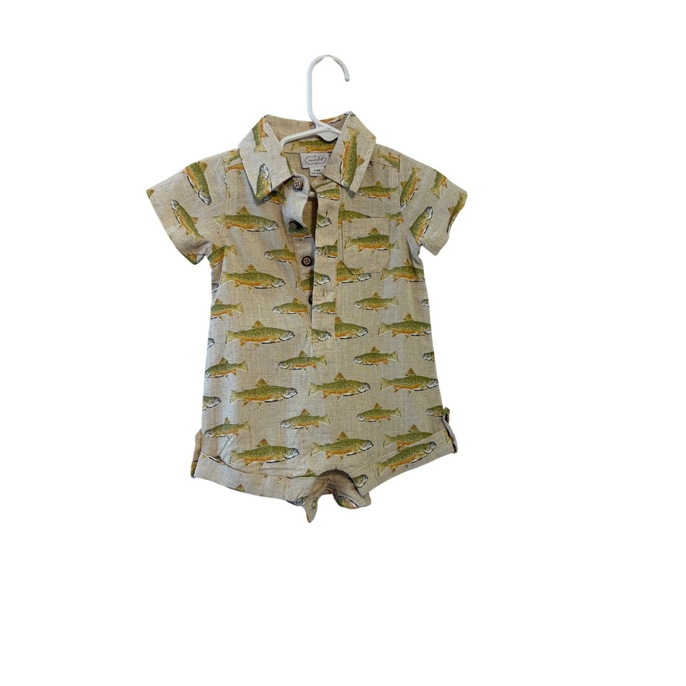 Mud Pie Baby Boy Trout Fish Print Linen Blend Romper Beige Short Sleeve 3-6M